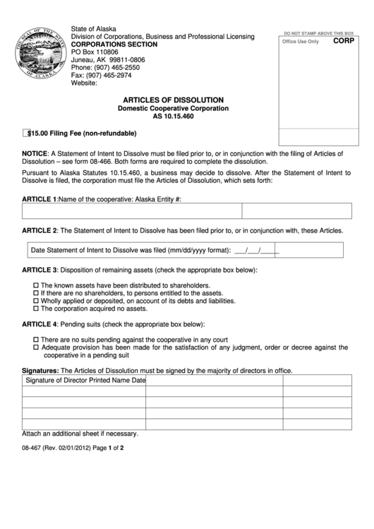 Fillable Articles Of Dissolution Domestic Cooperative Corporation - Alaska Division Of Corporations Printable pdf