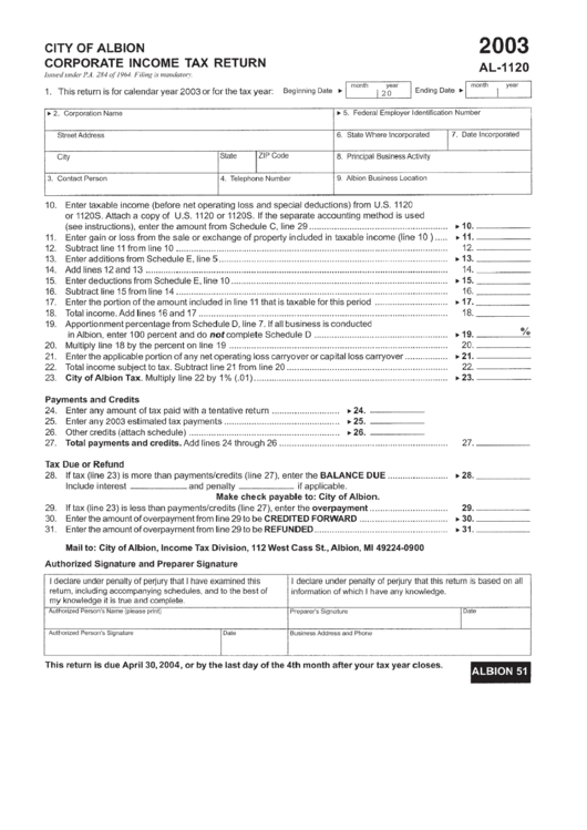 Form Al-1120 - Corporate Income Tax Return - City Of Albion - 2003 Printable pdf