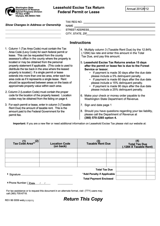 Form Rev 86 0059 - Leasehold Excise Tax Return Federal Permit Or Lease - 2012 Printable pdf