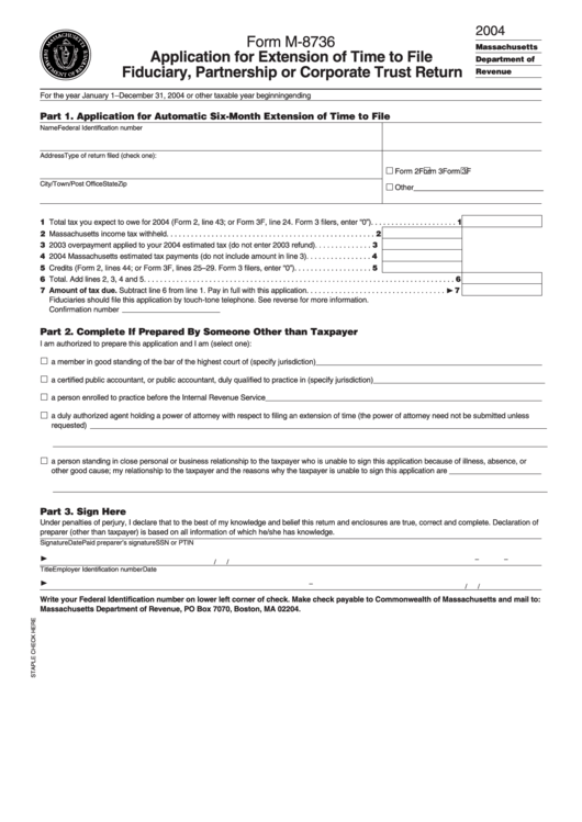 Form M-8736 - Application For Extension Of Time To File Fiduciary, Partnership Or Corporate Trust Return - 2004 Printable pdf