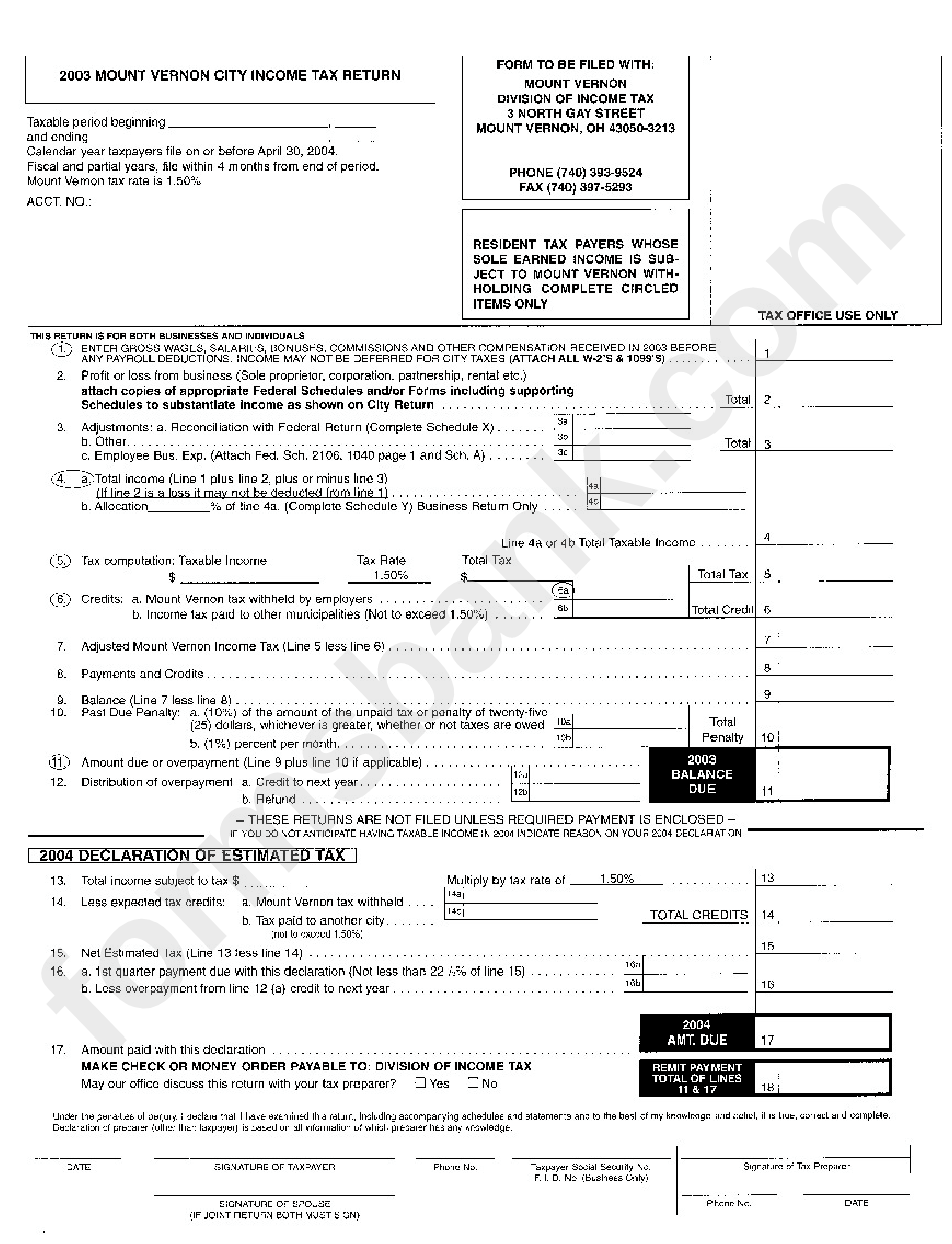 Mount Vernon City Income Tax Return Form 2003