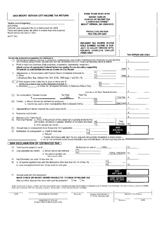 Mount Vernon City Income Tax Return Form 2003 Printable pdf