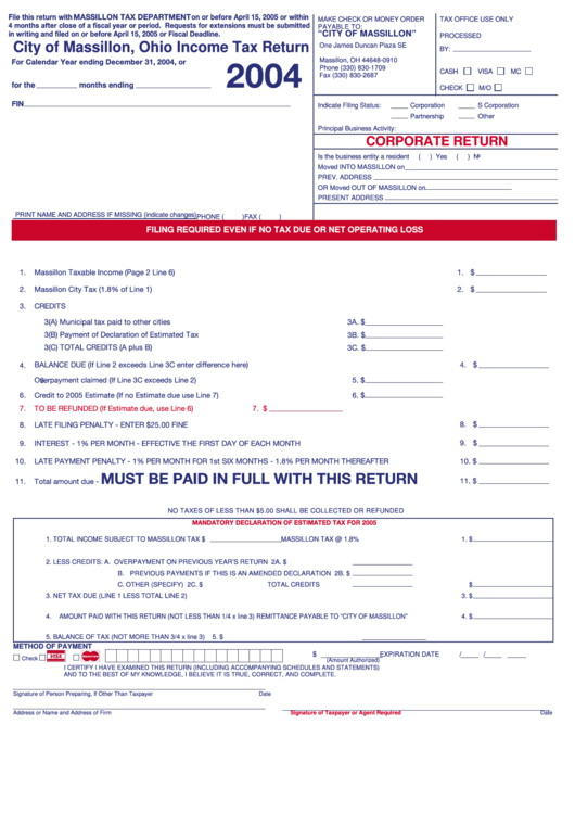 Income Tax Return Form - Massillon Tax Department - 2004 Printable pdf