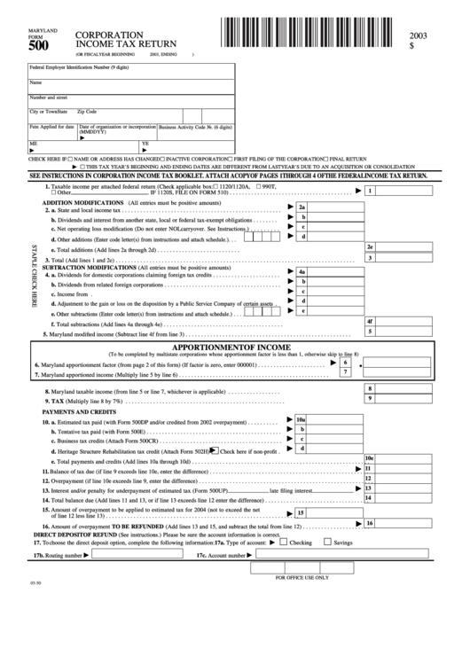Fillable Maryland Form 500 - Corporation Income Tax Return - 2003 Printable pdf