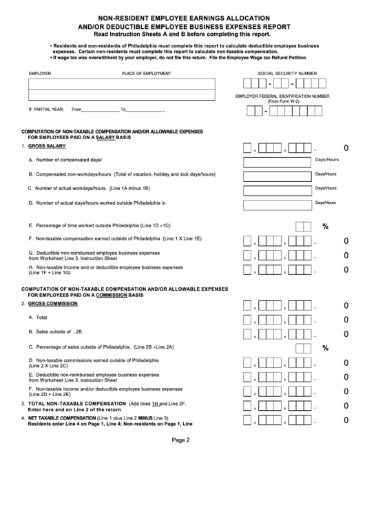 Non-Resident Employee Earnings Allocation Form Printable pdf