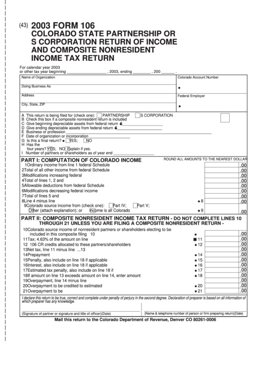 Fillable Form 106 - S Corporation Return Of Income Income Tax Return - 2003 Printable pdf