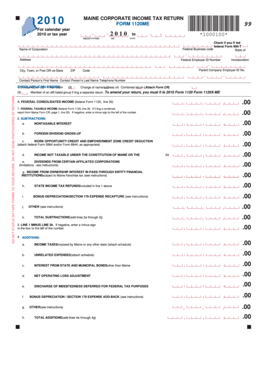 Form 1120me - Maine Corporate Income Tax Return - 2010 Printable pdf