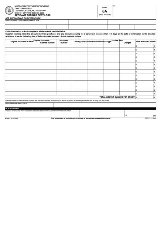 Fillable Form 8a - Affidavit For Bad Debt Loss - Missouri Department Of Revenue - 2006 Printable pdf