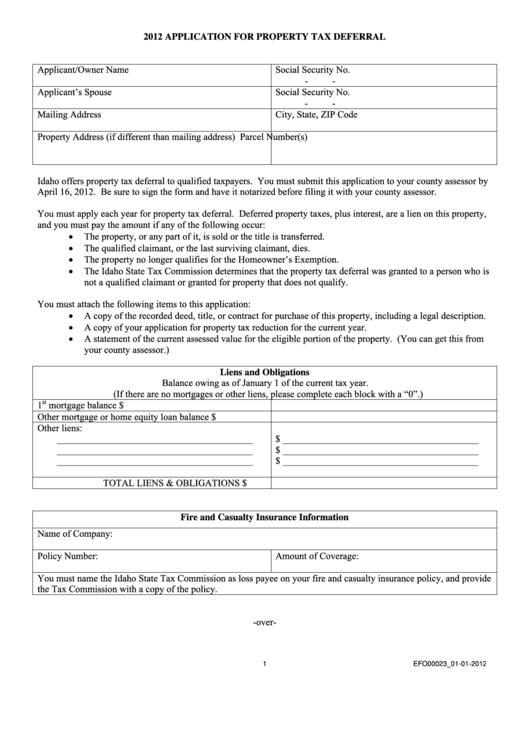 Form Efo00023 - Application For Property Tax Deferral - 2012 Printable pdf