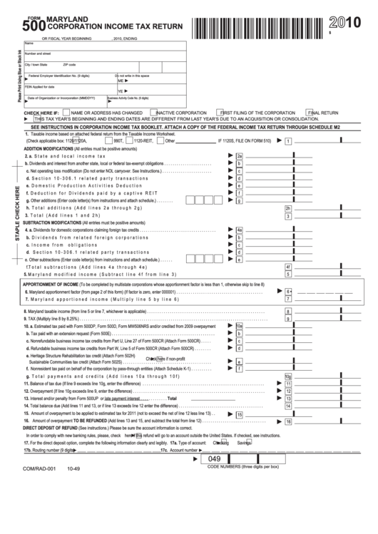 Fillable Form 500 - Maryland Corporation Income Tax Return - 2010 Printable pdf