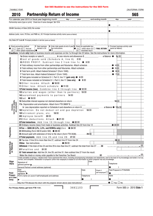 Fillable California Form 565 - Partnership Return Of Income - 2010 ...