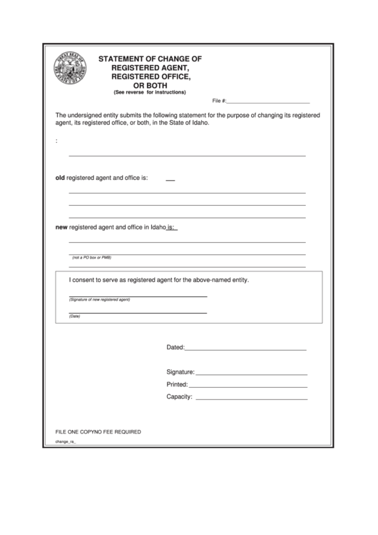 Fillable Statement Of Change Of Registered Agent, Registered Office, Or Both - Idaho Secretary Of State Printable pdf