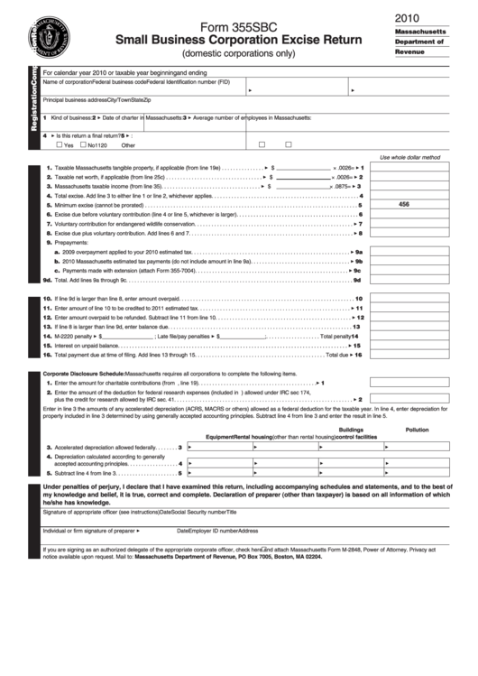 Form 355sbc - Small Business Corporation Excise Return - 2010 Printable pdf