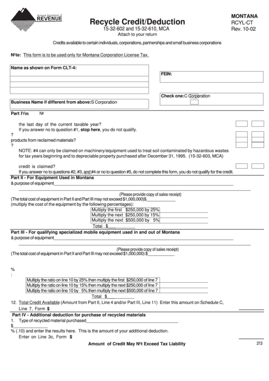 Form Rcyl-Ct - Recycle Credit/deduction (2002) Printable pdf