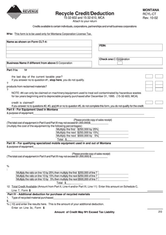 Form Rcyl-Ct - Recycle Credit/deduction (2002) printable pdf download