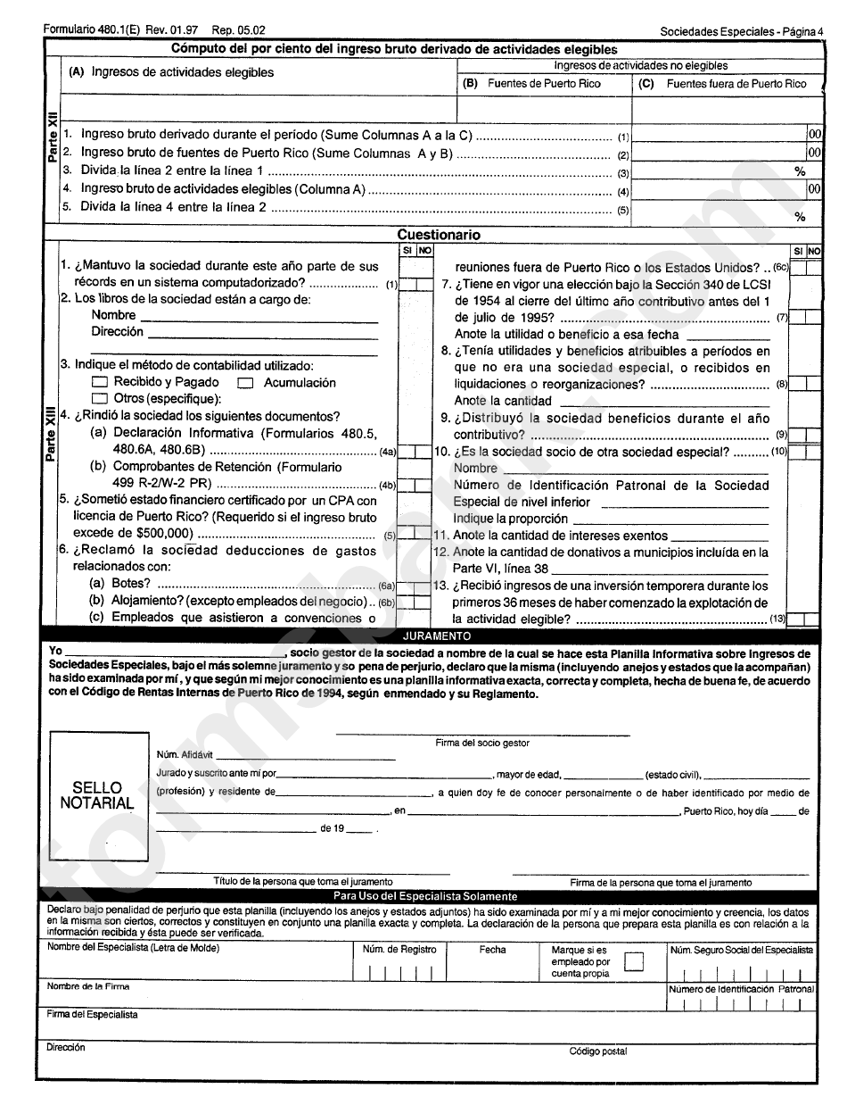 Formulario 480.1(E) - Planilla Informativa Sobre Ingresos De Sociedades Especiales - Estado Libre Asociado De Puerto Rico Departamento De Hacienda - 1997