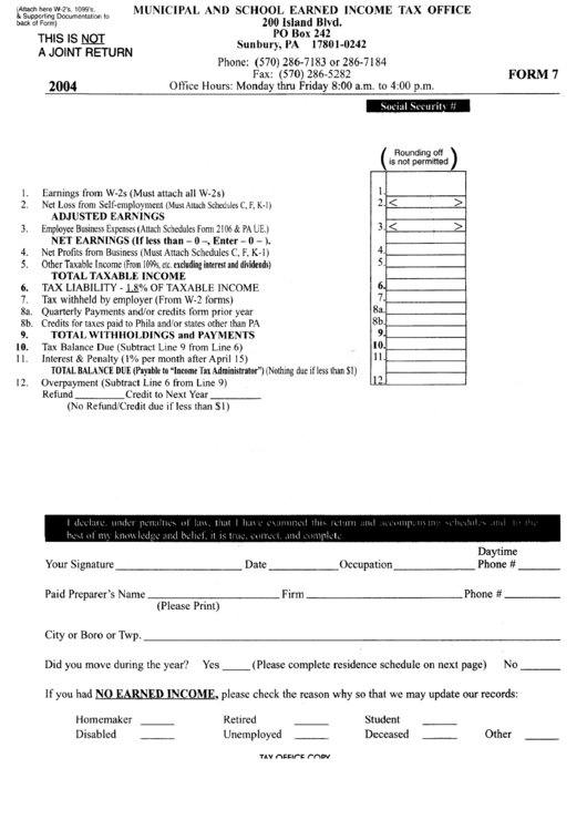 Form 7 - Municipal And School Earned Income Tax Return - 2004 - Sunbury Printable pdf