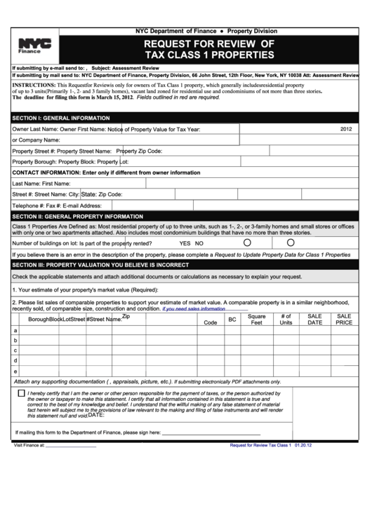 Fillable Request For Review Of Nntax Class 1 Properties Form - Nyc Department Of Finance Printable pdf