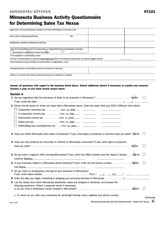 Fillable Form St101 - Minnesota Business Activity Questionnaire For Determining Sales Tax Nexus Printable pdf