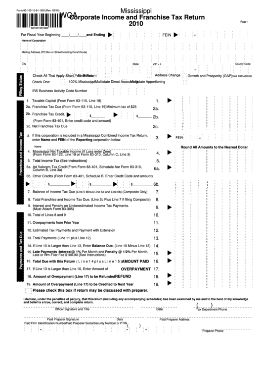 Fillable Form 83-105-10-8-1-000 - Corporate Income And Franchise Tax Return - 2010 Printable pdf