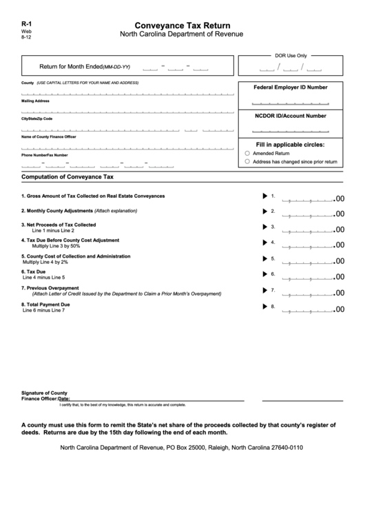 Form R-1 - Conveyance Tax Return - North Carolina Department Of Revenue Printable pdf