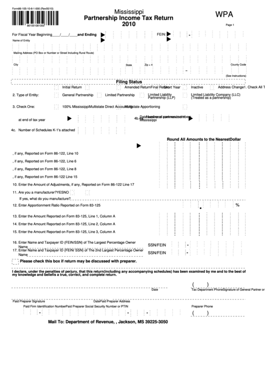 Fillable Form 86-105-10-8-1-000 - Partnership Income Tax Return - 2010 Printable pdf