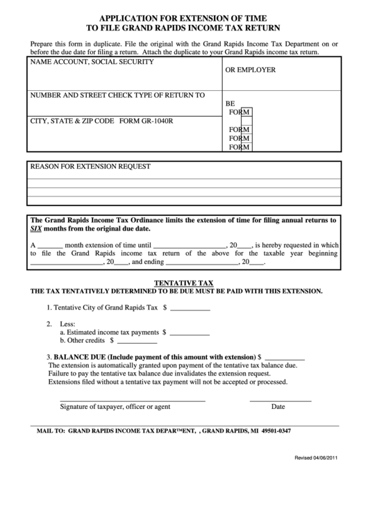 Application For Extension Of Time To File Grand Rapids Income Tax Return Printable pdf