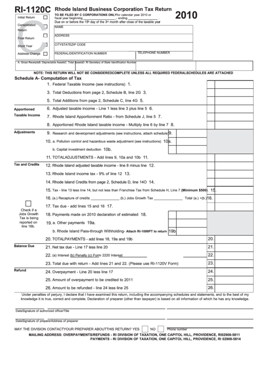 Form Ri-1120c - Rhode Island Business Corporation Tax Return - 2010 Printable pdf