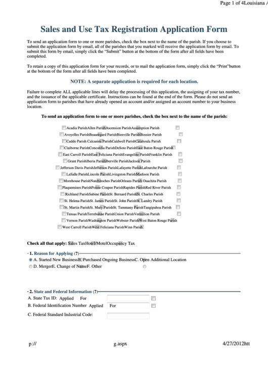 Fillable Sales And Use Tax Registration Application Form printable pdf
