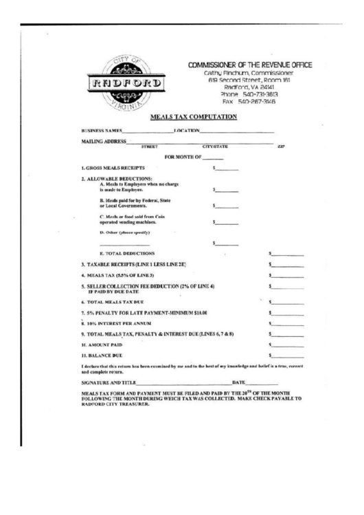 Meals Tax Computation Form - Virginia Commissioner Of The Revenue Office Printable pdf