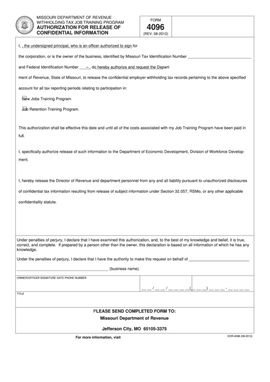 Fillable Form 4096 - Authorization For Release Of Confidential Information - 2012 Printable pdf