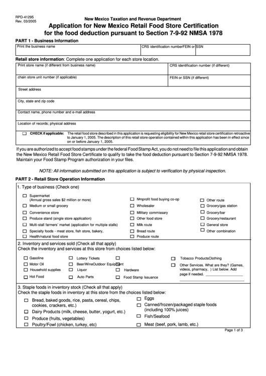 Form Rpd-41295 - Application For New Mexico Retail Food Store Certification For The Food Deduction Pursuant To Section 7-9-92 Nmsa 1978 - 2005 Printable pdf