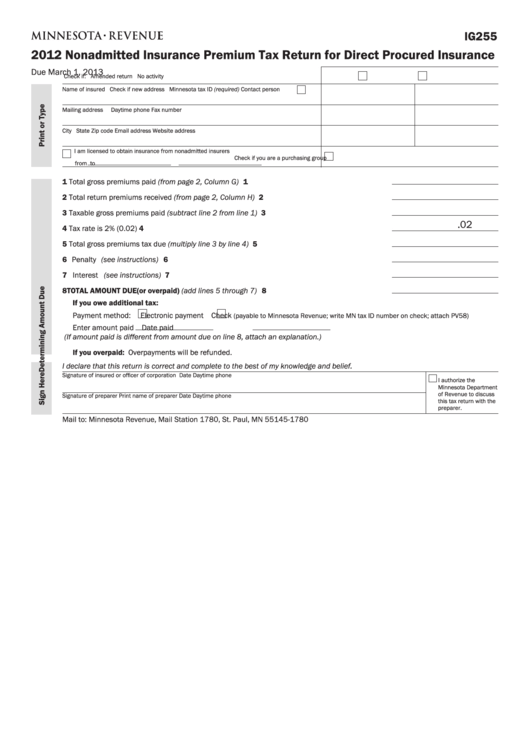 Fillable Form Ig255 - Nonadmitted Insurance Premium Tax Return For Direct Procured Insurance - 2012 Printable pdf
