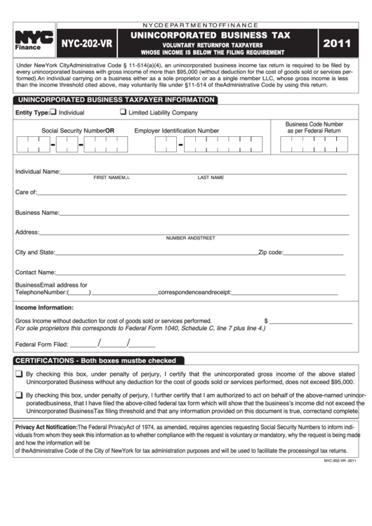 Form Nyc-202-Vr - Unincorporated Business Tax - 2011 Printable pdf