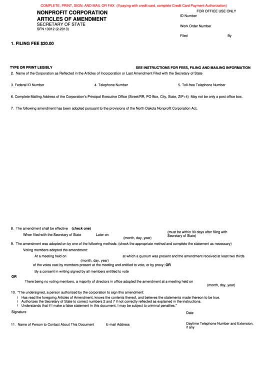 Fillable Form Sfn 13012 - Nonprofit Corporation Articles Of Amendment Printable pdf
