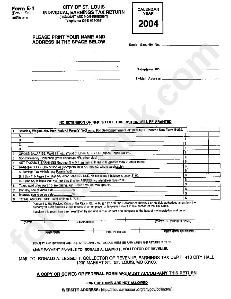 Form E-1 - Individual Earnings Tax Return - City Of St.louis, Missouri Collector Of Revenue