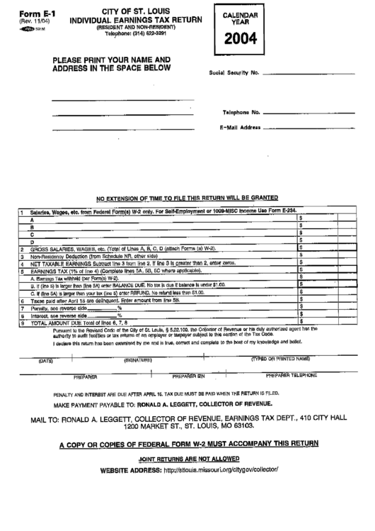 Form E-1 - Individual Earnings Tax Return - City Of St.louis, Missouri Collector Of Revenue Printable pdf