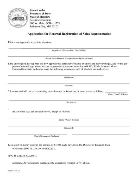 Form C-16 - Application For Renewal Registration Of Sales Representative
