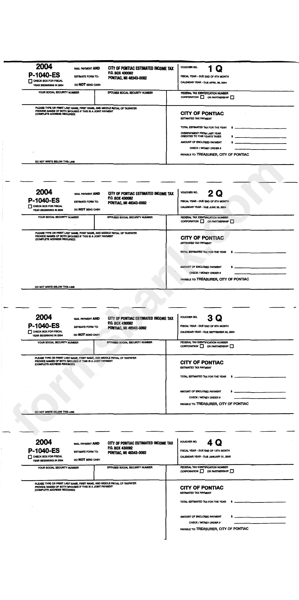 Form P-1040-Es - City Of Pontiac Estimated Income Tax - 2004