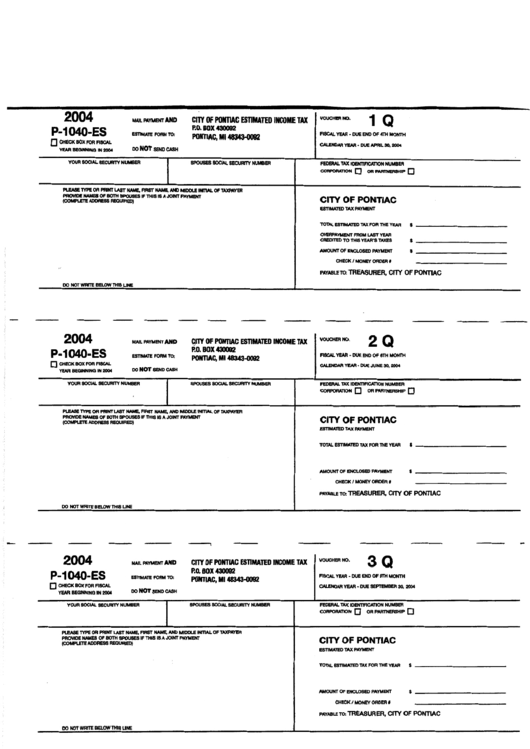 Form P-1040-Es - City Of Pontiac Estimated Income Tax - 2004 Printable pdf