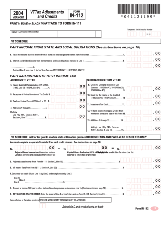 Form In-112 - Vt Tax Adjustments And Credits - 2004 Printable pdf