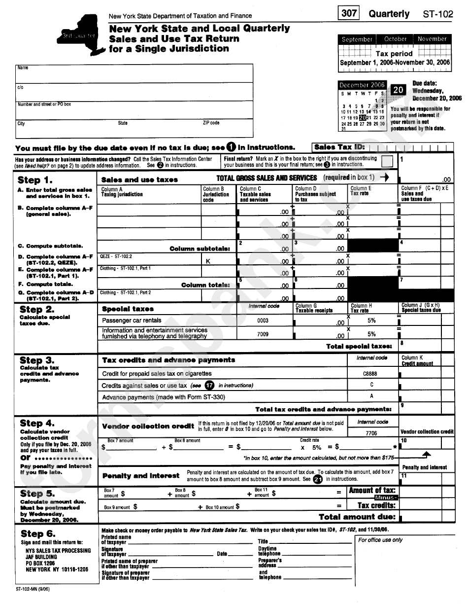 Form St-102-Mn - New York State And Local Quarterly Sales And Use Tax Return For Single Jurisdiction - 2006