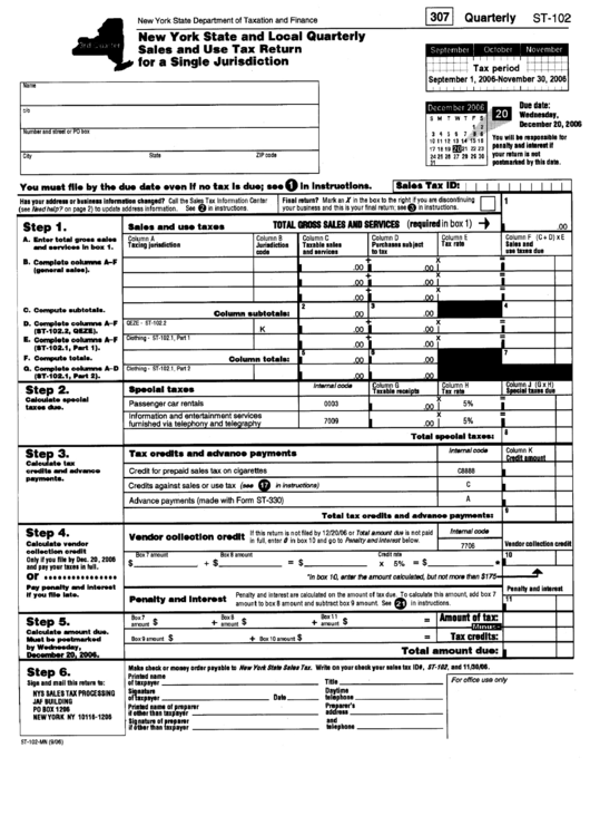 Form St-102-Mn - New York State And Local Quarterly Sales And Use Tax Return For Single Jurisdiction - 2006 Printable pdf