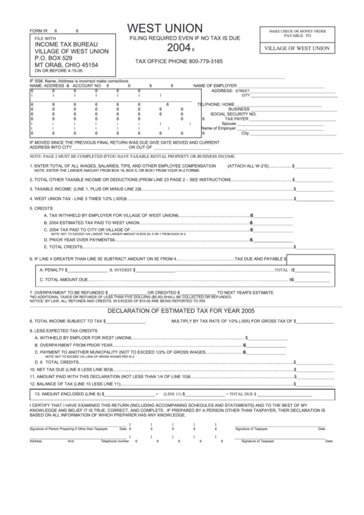 Taxable Income Tax Return - 2004 - Village Of West Union Printable pdf