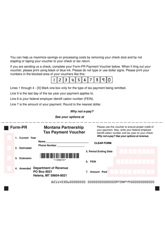 Fillable Form-Pr - Montana Partnership Tax Payment Voucher Printable pdf