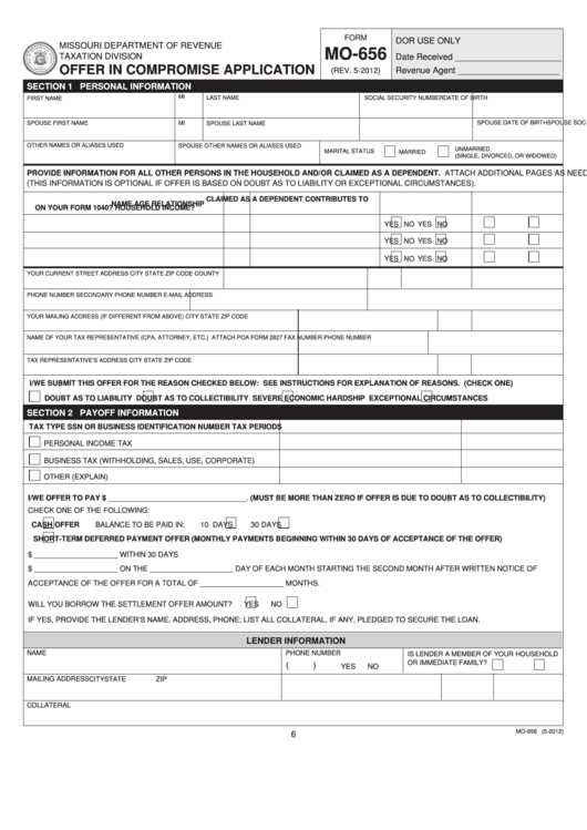 Fillable Form Mo-656 - Offer In Compromise Application Printable pdf