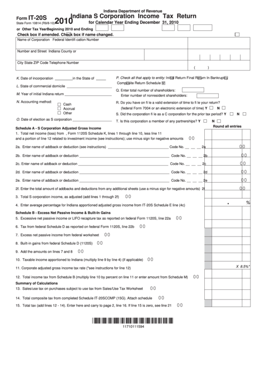 Fillable Form It-20s - Indiana S Corporation Income Tax Return - 2010 Printable pdf