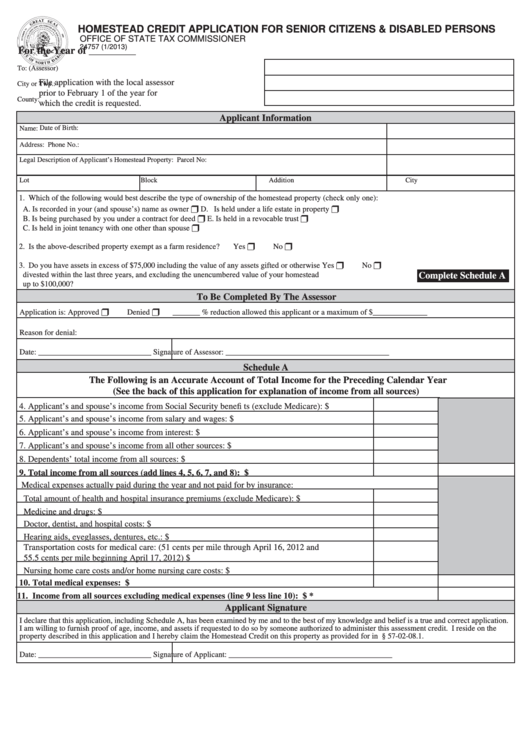 Fillable Form 24757 - Homestead Credit Application For Senior Citizens & Disabled Persons Printable pdf