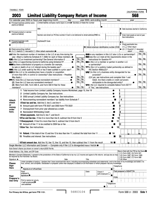 California Form 568 - Limited Liability Company Return Of Income - 2003 Printable pdf