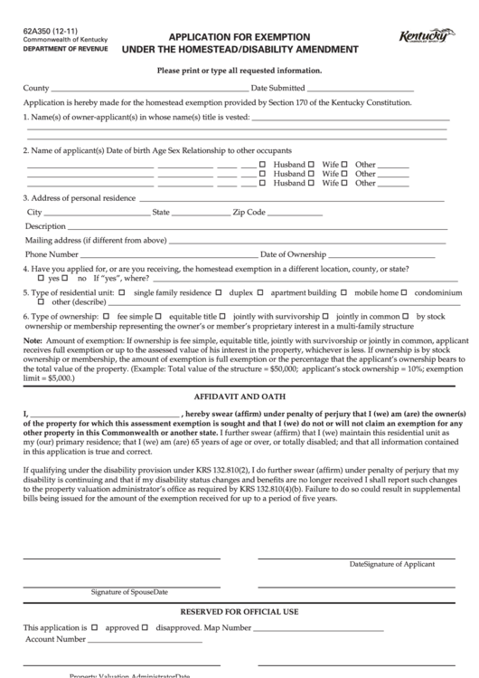 Form 62a350 - Application For Exemption Under The Homestead/disability Amendment(2011) Printable pdf